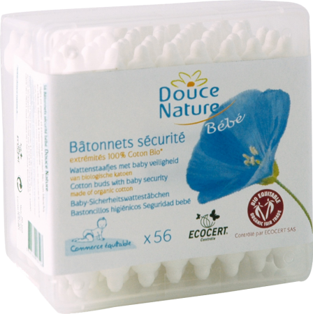 DOUCE NATURE Детские ватные палочки для ушей с ограничителем 100% БИО-хлопок 56 шт