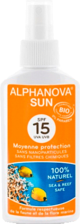 Солнцезащитное молочко средней степени защиты (UVA, UVB) SPF15 БИО, спрей. ALPHANOVA Sun