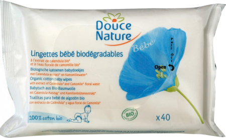 DOUCE NATURE Влажные БИО-салфетки гигиенические для детей из 100% био-хлопка с календулой и цветочной водой ромашки 40 шт